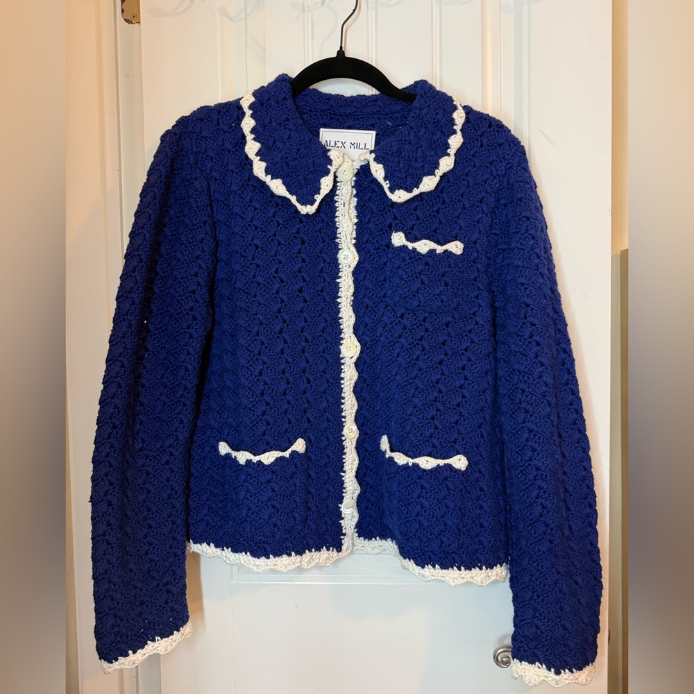 Beautiful hand crocheted Alex Mill cotton cardigan